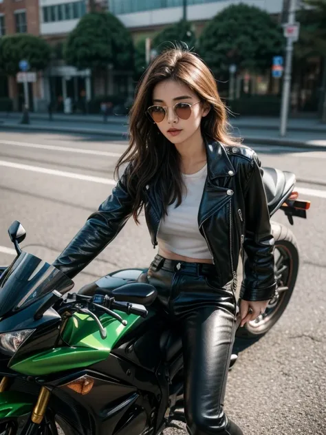 a beautiful woman, 24-year-old, (1girl, solo, 24yo), stunning, riding on a red kawasaki ninja zx-6r 636 motorcycle, model sport ...