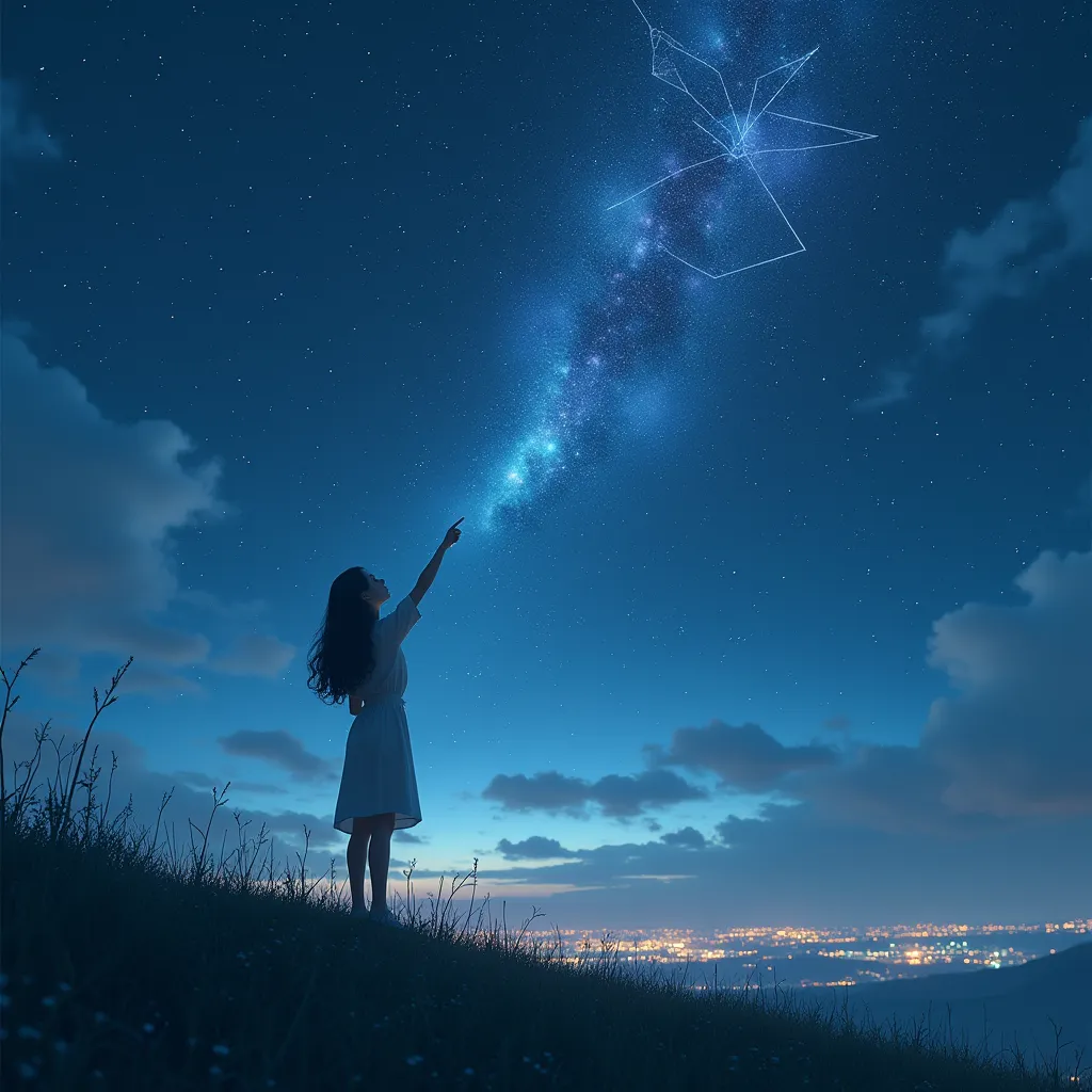 1girl, planetarium stars in the real night sky, starry night sky, glowing constellations, lines connecting the stars, stars forming holograms, ren pointing at the stars, stargazing on a small hill, distant city lights