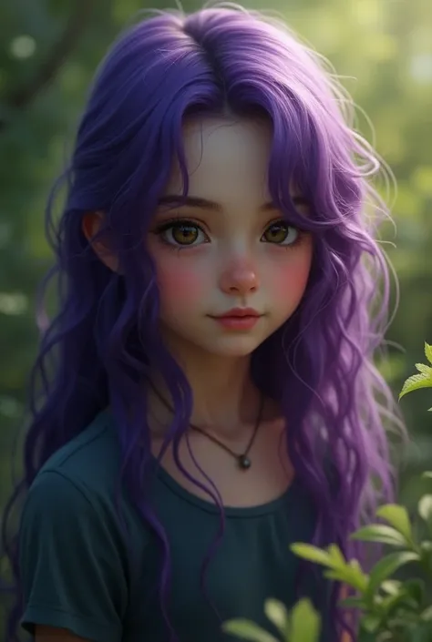 Ten-year-old girl with long purple hair and black eyes