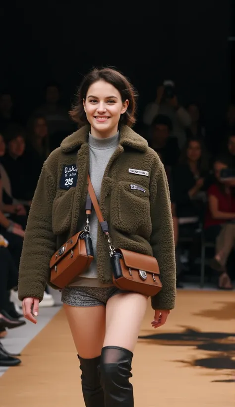 a photograph taken by a photographer accompanying the spfw show, the model is katniss everdeen and is at the end of the catwalk ...