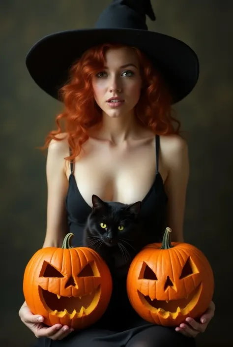 a gorgeous redhead sits naked except for her witchs hat with a black cat curled up in her lap and holding two moaning womens heads that have been transformed into large jack-o-lanterns in front of her breasts