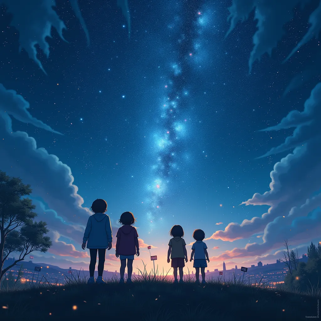 本物の夜空にプラネタリウムのstar座を演出する描写で、満天のstar空、光り輝くstar座表、star々Meridians connecting 、薄くホログラム処理され形作られるstar座、star空を指さす子供達、 I'm observing celestial bodies on a completely dark small hill、 night view of a small city visible in the distance 、Mysterious、 fantastic、 creates the majesty of the night sky 、A small hill late at night , Official Art,  unity 8k Wallpaper  , Super detailed, beautiful and aesthetic, beautiful, masterpiece,  best quality ,  fantasticな雰囲気 , A calm palette,  Calm atmosphere ,  Soft Shading 