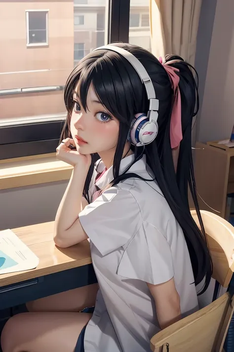 anime girl sitting at a desk with headphones on writing, anime style 4 k, digital anime illustration, digital anime art, anime s...