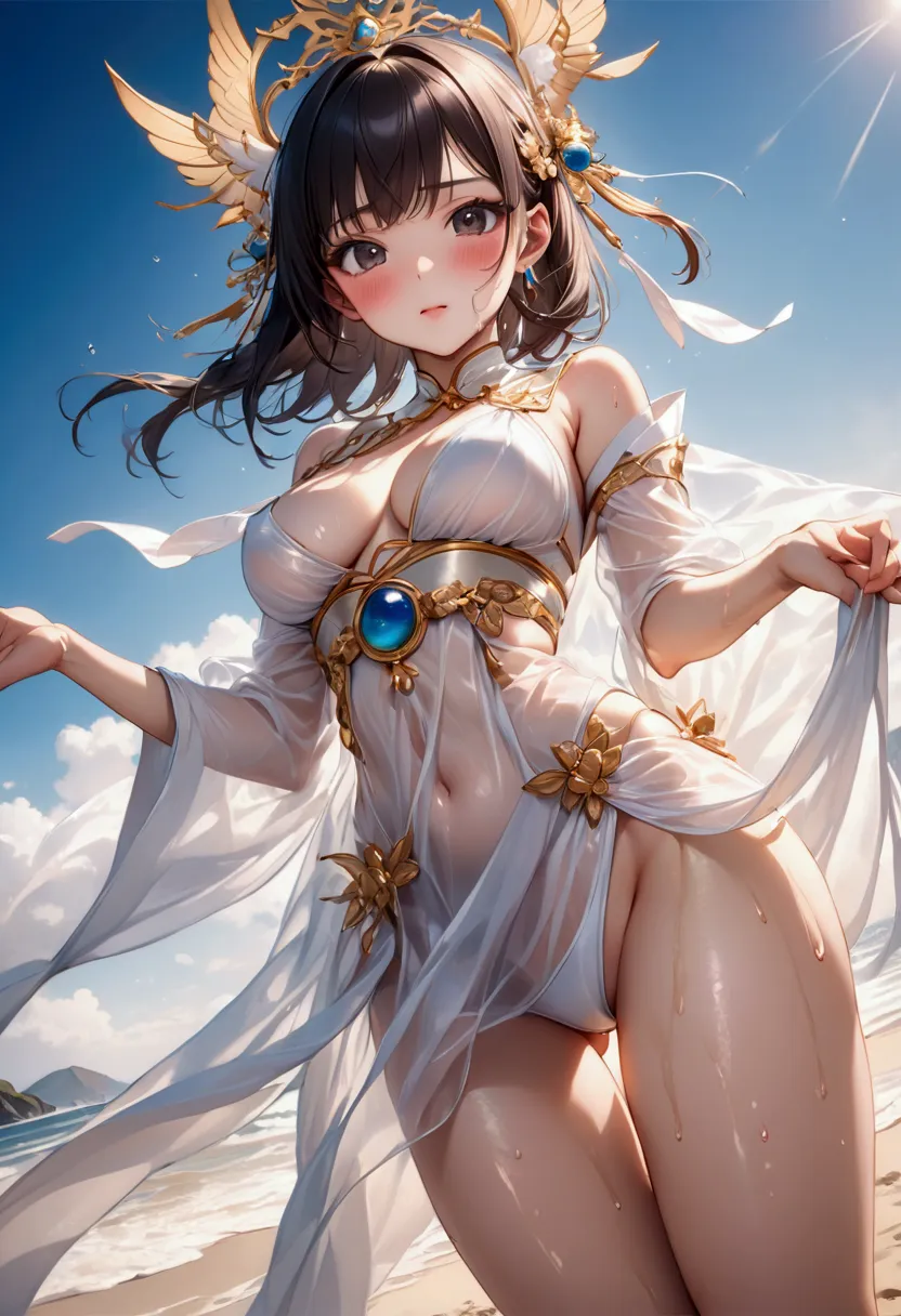 ((Oriental celestial maiden costume, skirt)), (See-through), (Dark hair, dark eyes), ((skindentation)), ((Shiny Costumes)), skinny, solo, 1 woman, Masterpiece, highest quality, highest quality, 16K, incredibly absurd, highly detailed, 2.5D, ai-generated, delicate and dynamic, very delicate facial expressions, delicate eye depiction, erotic, only sexy woman, ((A cute and kind face)), healthy figure, ((1 woman)), 160cm tall, medium firm swaying bust, Sweat, Embarrassed, sexy, ((thin thighs)), shiny and lustrous, facing straight at viewer, ((Oily_skin)), ((Lots of sweat)), ((dutch angle)), ((erotic pose)), (((Dynamic Pose))), (from below), Fantasy Japanese seaside,