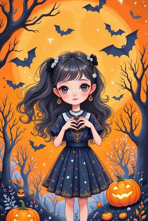 cartoon，万圣节cartoon鬼戴着女巫帽， makes a heart gesture with your hands isolated on an orange background,  happy halloween concept , lig...