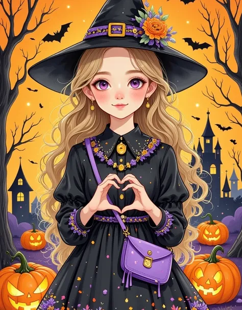 cartoon，万圣节cartoon幽灵戴着女巫帽， makes a heart gesture with your hands isolated on an orange background,  happy halloween concept , li...