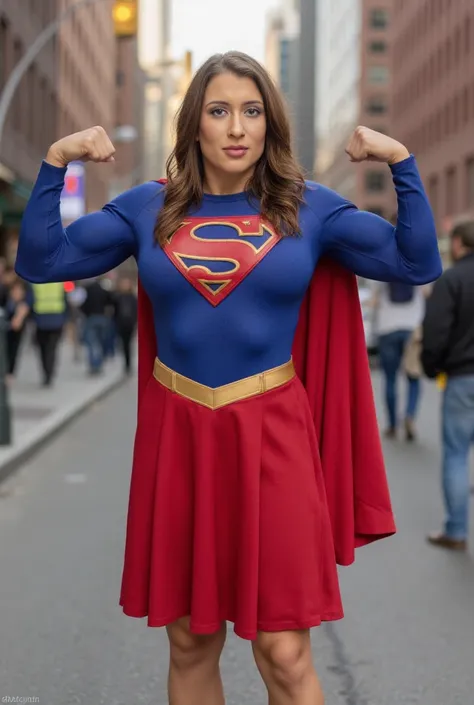 supergirl standing on a street in new york, she is flexing her biceps for the camera