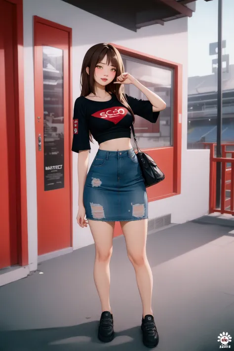 beauty young woman, posing outside stadium, she has straight hair {multicolored hair, two colors hair, gradient hair, black hair, blonde hair:0.4}, wearing red and black half sleeved deep neck crop shirt, azure-blue denim pencil mini skirt, bag, BREAK, ((m...