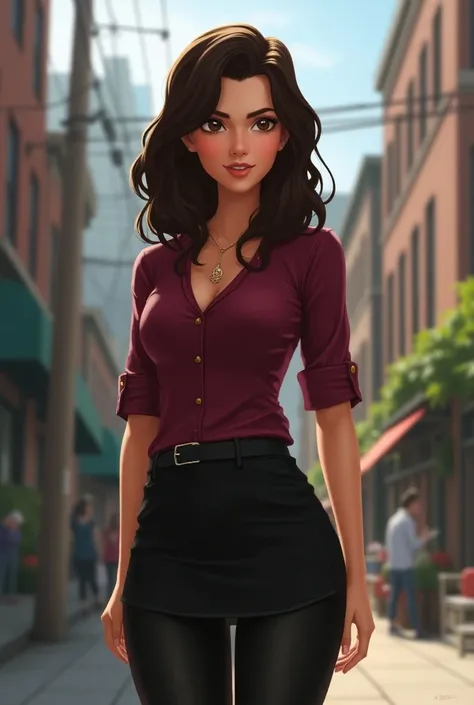 A white teenage female character with dark brown wavy hair,  and eyes in the same color .  She wears a wide burgundy blouse ,  with a black skirt with black leggings also covering her body, fluffy cheeks very stocky . She has to be in the style of the 2012...