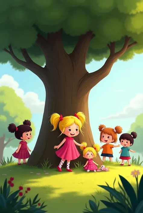 Little cartoon girl with pink dress yellow hair and finds her doll under tree, four friends also standing there with her .