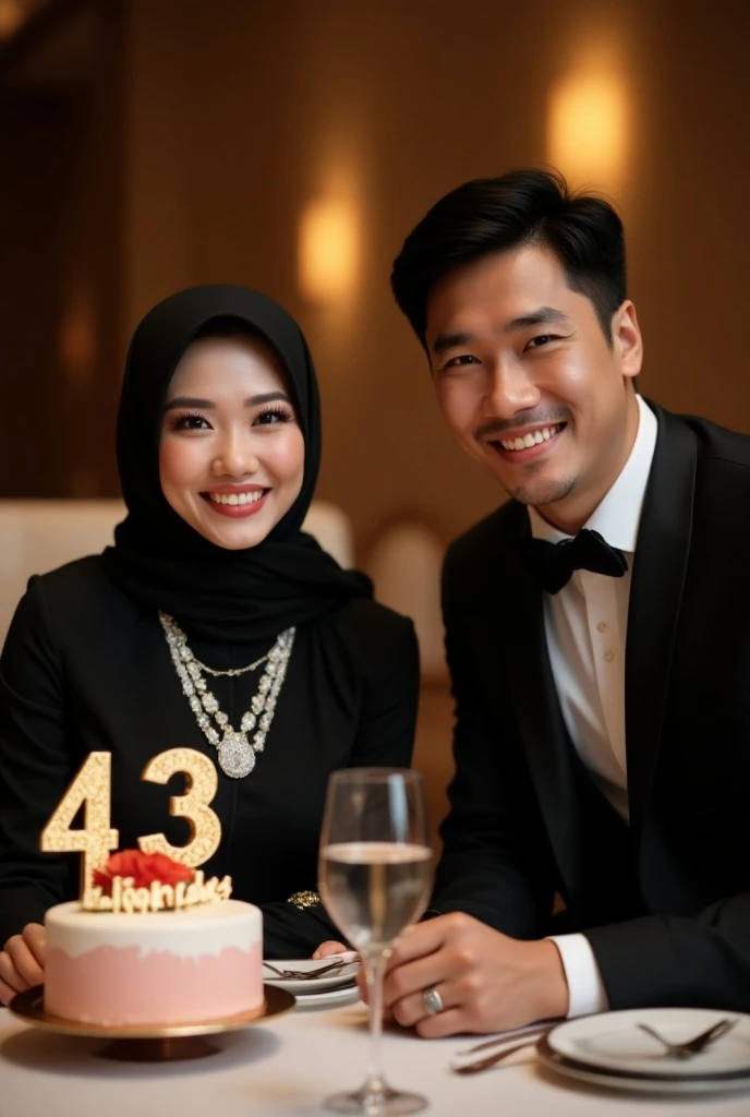 a dinner celebration attended by an Indonesian pretty milf lady and Indian gentleman. Both wearing upscale business attires. The gentlemans hair style is very short. The lady wearing a beautiful Diamond necklace with hijab, both facing the camera. all smil...