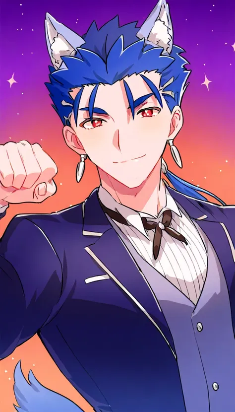 Cu Chulainn Blue Lancer a man dressed as a butler with blue wolf ears and tail with a good face, red eyes, a good body with little musculature and long blue hair with a ponytail at the nape of his neck and anime earrings with an orgasmic smile doing a wolf...