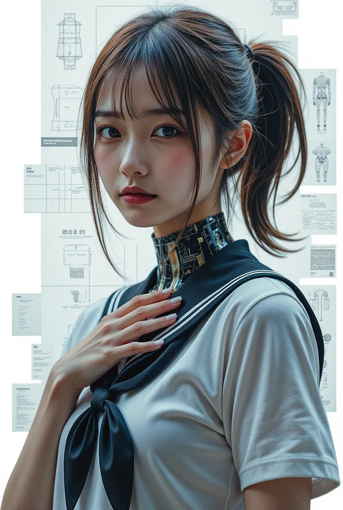 (最 high quality,  Details,masterpiece:1.2), from side:1.331, RAW Photos, Realistic, (Realistic), 最 high quality, masterpiece, 超 Details,  Very nice , 8kwallpaper, Realistic,Female Cyborgのエントリーのマインドマップ, Outputs and Processors, Multiple exposure of painting and person:1.331,   Create a digital collage style image with multiple overlapping elements, especially, The parts that make up her, (masterpiece:1.2,  のhigh qualityな ,Mirror finish,   Cinematic Experience  , Realistic:2.0, RAW Photos:2.0, 非常に Details), 32K, wallpaper,   super high definition :1.5, Ultra  high quality:1.5, (Representing blueprints with holograms:2.0), (Beautiful woman:2.0), Female Cyborg, (Female Cyborgの設計図:2.0), (Draw a back view:2.0), (Avant-garde design:2.0), ( Detailsな設計図を描く:2.0), (Numerous setting notes:2.0),   covering her chest with her hands  :1.21,  Metal Japanese high school sailor uniform handmade by skilled craftsmen:1.331,  Brown Hair,  Low Ponytail, Symmetrical eyes, 非常に Details目,  beautiful hair fluttering in the wind , reflection, masterpiece, 32k UHD resolution,  high quality, Professional photography, 