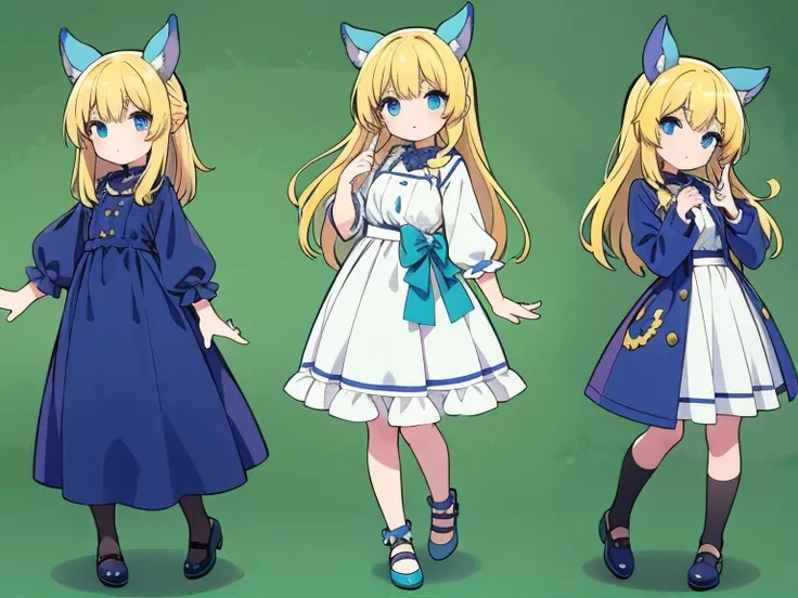 A blonde-haired, blue-eyed beast-ear girl.
Four different character sprites showing distinct hand gestures.
The character wears a casual outfit, and the only differences between the images are in the hand poses.
full body,green background.