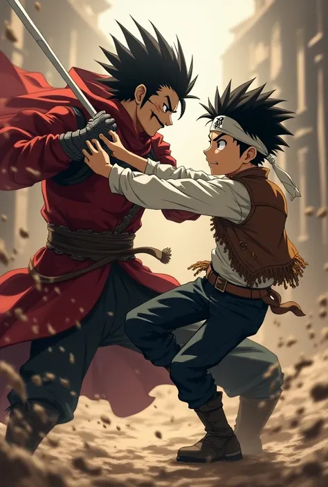 Intense anime fight scene between two characters. Character 1: (Toki, a 16-year-old male teenager who longs to live a life as an adventurer in a medieval world with tons of magic. Toki wears a torn leather vest with a white long sleeve shirt underneath, bl...