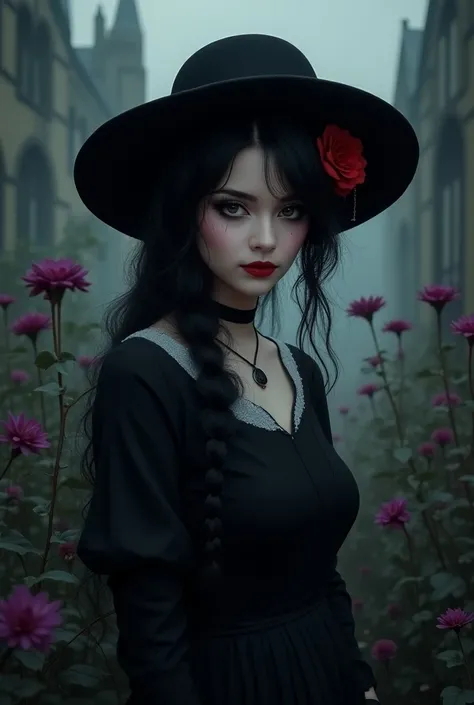 A girl with neo goth style, wearing a black dress and white collar, with a black hat and dark makeup on her face, standing in a mysterious garden surrounded by creeping vines. The garden is filled with dark purple flowers and has a Gothic architecture in t...