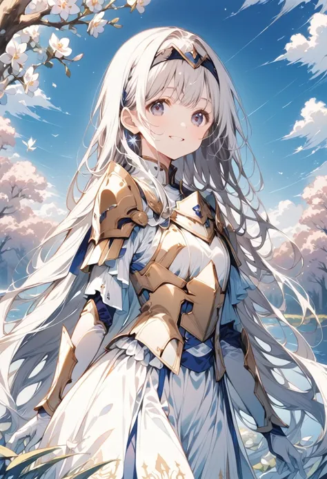 1  girl,
(platinum hair, long hair, straight hair),
(dark sapphire eyes, tareme),
smile,

looking at viewer,

(platinum Valkyrie headband),
(platinum Valkyrie Armor Knight),
(white long skirt, gold line),
(with a Sword),

cowboy shot, solo,

(depth of fiel...