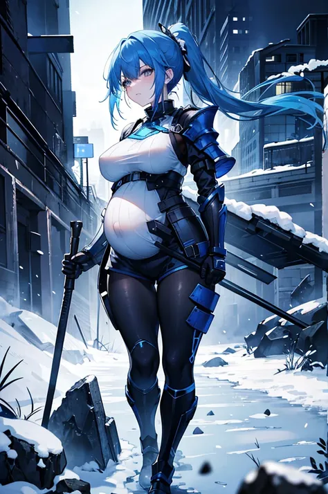 4k,high resolution,a woman,blue hair, short ponytail, breasts, night, snowy scene, dark combat uniform, blue shorts, black leggi...