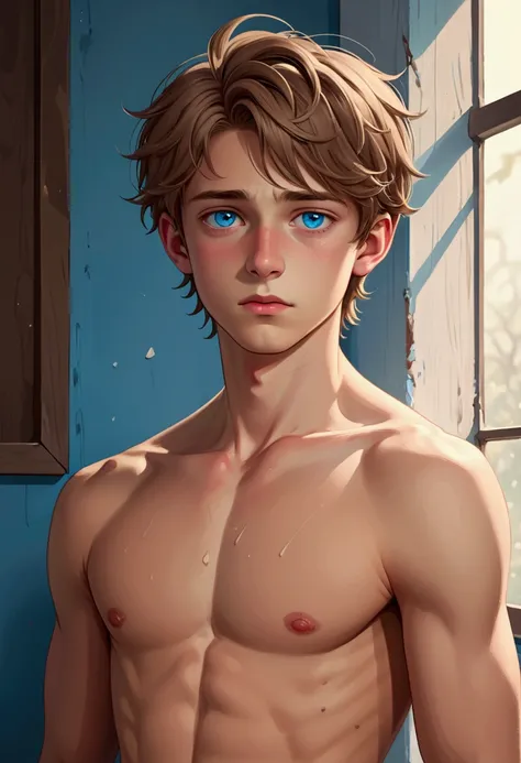  adolescent boy , s, beautiful boy, Tender boy, very fine features, European, tender look,  sweet and sad look, half naked, blue eyes,  toned body , very handsome boy, very tender boy ,  Light brown hair , full of tenderness , full of sweetness , full of s...