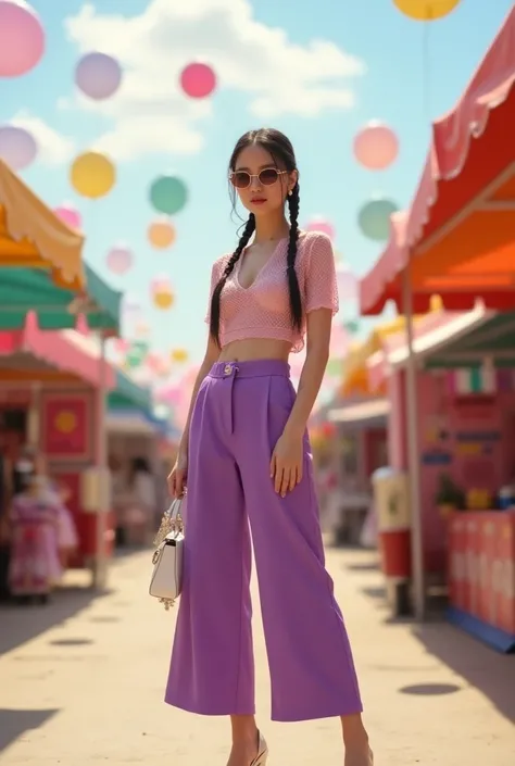 Creating an ai image of a beautiful Thai girl standing in for a kiss. She has pigtails, sunglasses, a pink fishnet blouse, high-waisted purple pants and white high-heeled sandals. She carries a chic white handbag and white jewelry. The backdrop is a vibran...