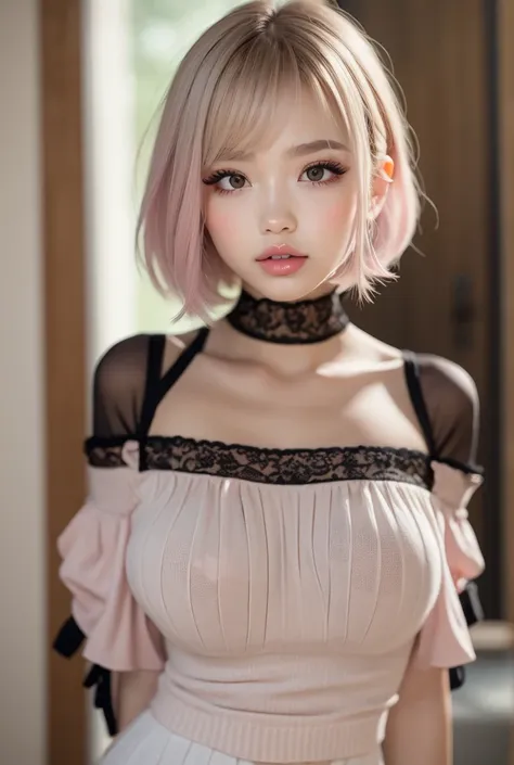 ((very realistic)), ( super realistic)、 very realistic images , white back drops ,,15-year-old female、 short black bob hair , hi...