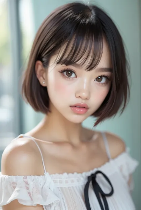 ((very realistic)), ( super realistic)、 very realistic images , white back drops ,,15-year-old female、 short black bob hair , hi...