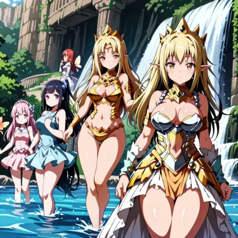 anime, fairy girls, elf's ears, butterfly's wings, body-armor, detailed body-armors, curvy body, multiple girls,  girls surround...