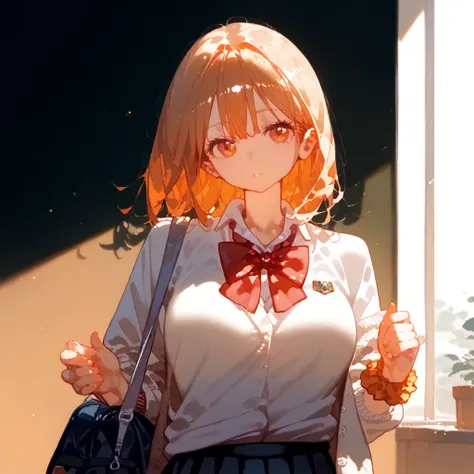 school uniform, white cardigan, black miniskirt, red bowtie, orange wrist scrunchie ,shiny skin, shiny,1人の女の子,