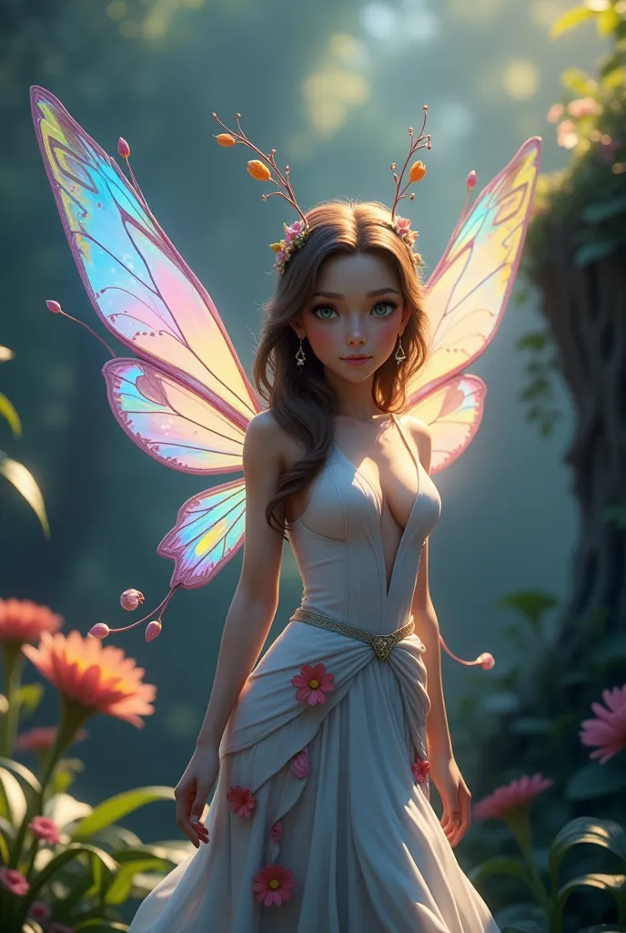 A small flower fairy, butterfly wings, detailed intricate wings, delicate nature spirit, ethereal fantasy creature, whimsical fairytale, vibrant colors, glowing bioluminescent, soft lighting, cinematic composition, highly detailed, 8k, photorealistic, masterpiece