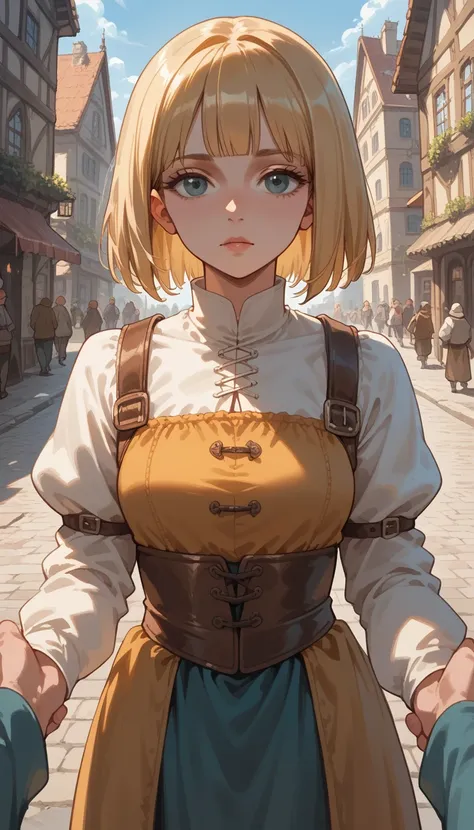 blonde girl,Blunt Bob hair,commoner clothes,medieval city, pov above
