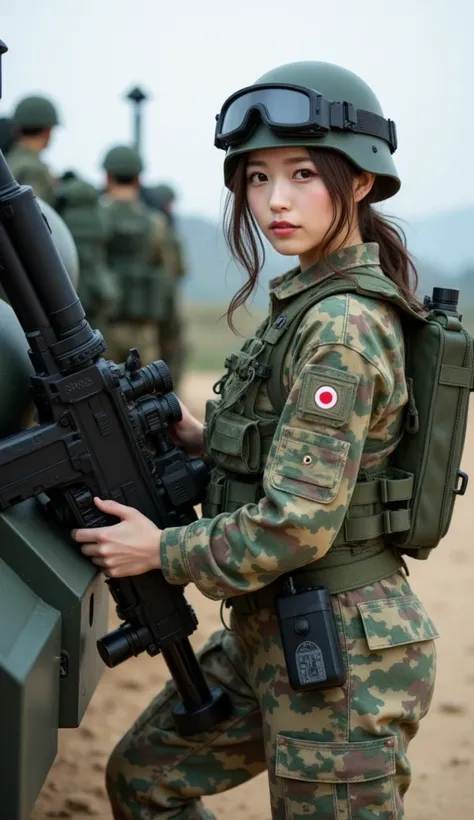 documentary photo, realistic, dramatic scene, very beautiful Japanese high school girl, teenage famous beautiful Japanese idol, cute woman, beautiful white transparent skin, Fully equipped for battle, (wearing an Japanese army soldiers Camouflage outfits w...