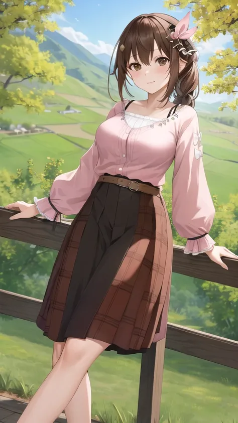 masterpiece, best quality, highres, ts2, brown eyes, pink shirt, long skirt, belt, long sleeves, breasts, cowboy shot, standing,...