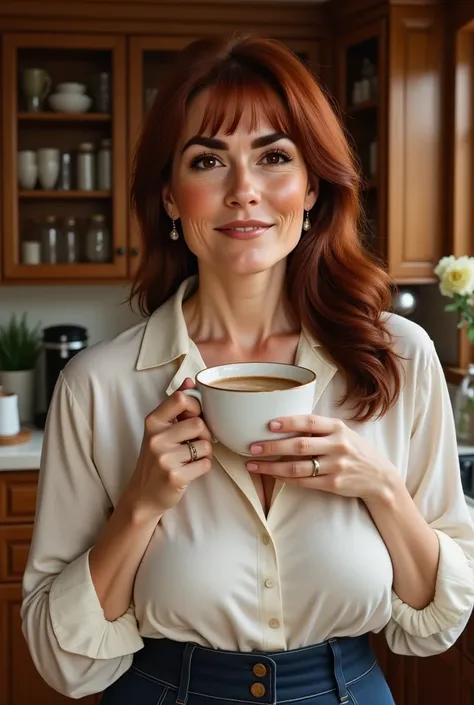 Photorealistic, cinematic style, candid 3/4 angle picture of a mature beautiful British woman drinking coffee in her kitchen.She has Brown eyes, downturned eye shape. looking in the camera. Smile. She has long reddish-brown hair, ((fringe bangs hairdo)). C...