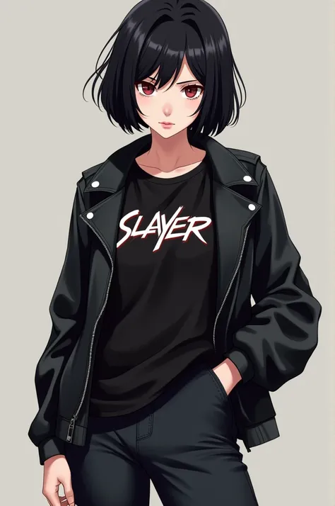  She is a young woman with short black hair , cut straight ,  with a side fringe that frames her face .  Her serious and decisive expression suggests strength and attitude .  She wears a black t-shirt with the band Slayer logo in red,  combined with a blac...