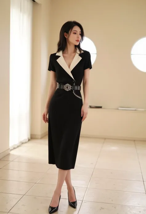  high-heeled black pumps complete the ensemble .  Full body shot,  a woman standing with confidence ,  showcases a custom midi dress, and .   Woman wearing an elegant black and cream midi dress {x} Light beige interior with minimal furniture and visible ti...