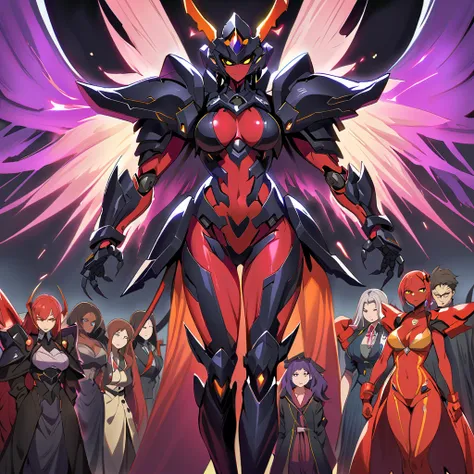 Anime, high detailed, multiple womans, mature womans, dark Ebony mecha armor, large mechanical wings, evil grin, large clawed Gauntlet, red skin, curvy body, long mechanical tail,black sclera、Colored sclera、crimson Colored skin、Yellow Eyes, elongated pupil...