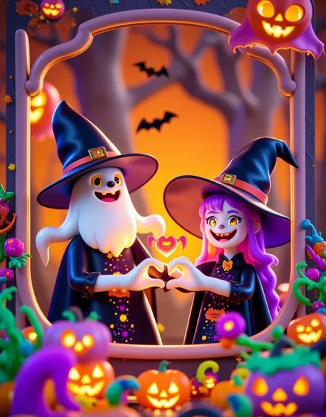 On a Halloween-themed night, an elderly male wizard sat before the chessboard, his long white beard gently swaying in the breeze, his cloak adorned with twinkling star patterns. Across from him sat a beautiful witch, wearing a black, flowy dress embellishe...