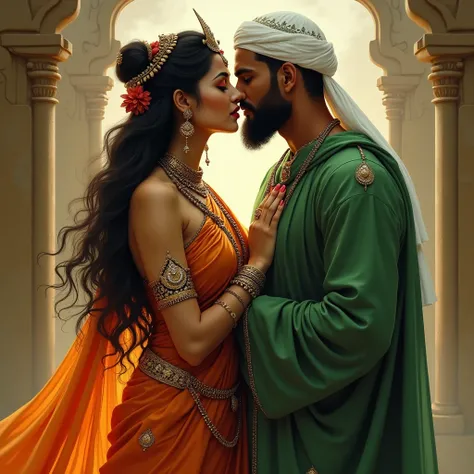 Hindu goddess parvati in saffron saree and hindu goddess like attire is  kissing a muslim man who is in green islamic attire with a skull cap on his head  . Very sensual sexy 