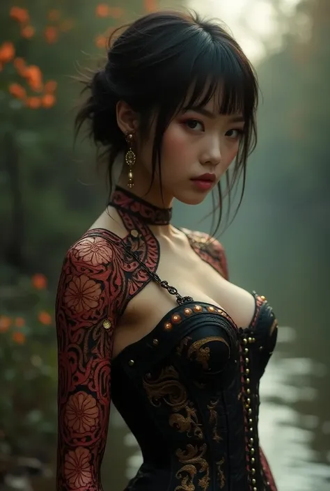 非常に繊細な幾何学模様の彫刻のGothic corset dressを着たサイボーグ少女、Machine Body、 Aztec Civilization Technique 、 Scarlet Color that Glows Dull 、 Fine Carving with Gold Powder 、Fractal Figure 、 Actual item、Detailed skin、Very short dark brown hair、photograph、Immersed in a world of...