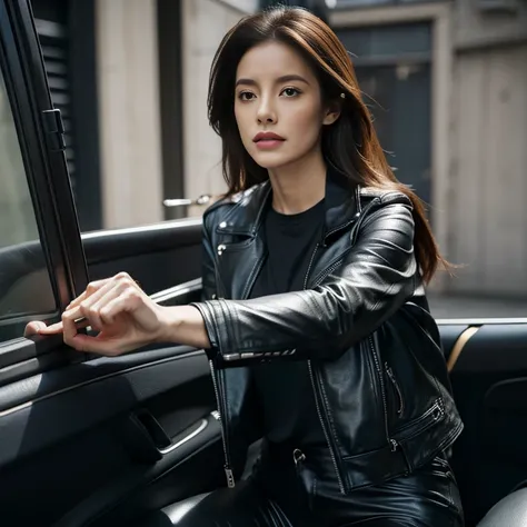 woman leaning out of a dirty car firing a rifle, long hair, black leather pants, printed t-shirt, black leather jacket, corvette...