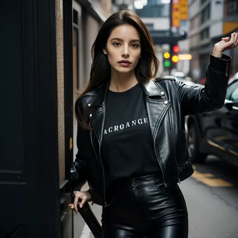 woman leaning out of a dirty car firing a rifle, long hair, black leather pants, printed t-shirt, black leather jacket, corvette...