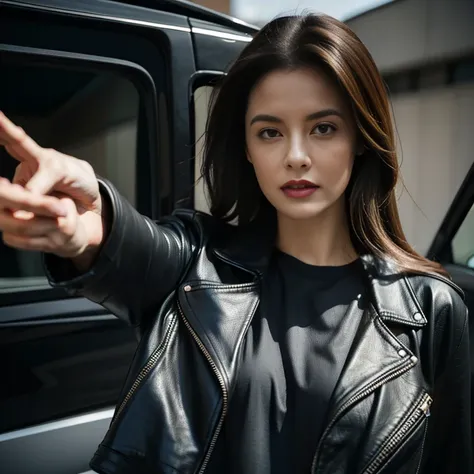 woman leaning out of a dirty car firing a rifle, long hair, black leather pants, printed t-shirt, black leather jacket, corvette...