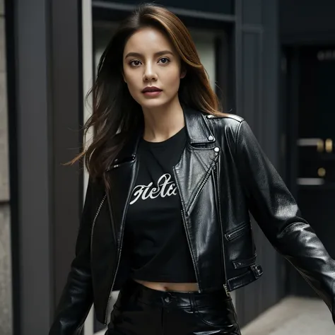 woman leaning out of a dirty car firing a rifle, long hair, black leather pants, printed t-shirt, black leather jacket, corvette...