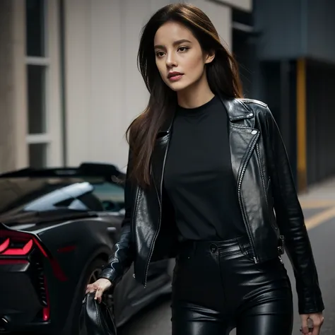 woman leaning out of a dirty car firing a rifle, long hair, black leather pants, printed t-shirt, black leather jacket, corvette...