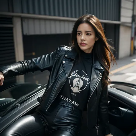 woman leaning out of a dirty car firing a rifle, long hair, black leather pants, printed t-shirt, black leather jacket, corvette...