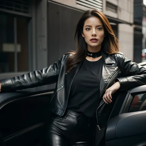 woman leaning out of a dirty car firing a rifle, long hair, black leather pants, printed t-shirt, black leather jacket, corvette...