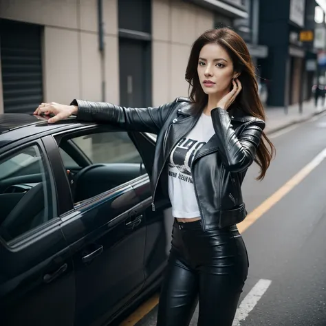 dirty moving car, leaning out, (woman firing a rifle), long hair, black leather pants, printed t-shirt, black leather jacket, co...