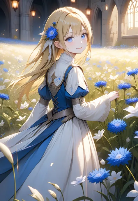 art：Cornflower,(masterpiece),(4K), high quality,( perfect anatomy), flat chest,((One Girl)),(Alone), fairy ,Long blonde hair,Pale skin, Beautiful Delicate Blue Eyes , ( adds dramatic and iconic elements to a highly detailed, elegant ),(Detailed medieval costumes ),Detailed skin, add dramatic and iconic elements to the scene , Silky to the touch,  hyper detail ,romantic, charming smile,  browse viewers , (Rich and colorful),( walking through a field of white flowers ),A quiet and dreamy atmosphere 、 give warmth and charm to the overall scene.。,(Look to the side),From the side,Cinema Lighting