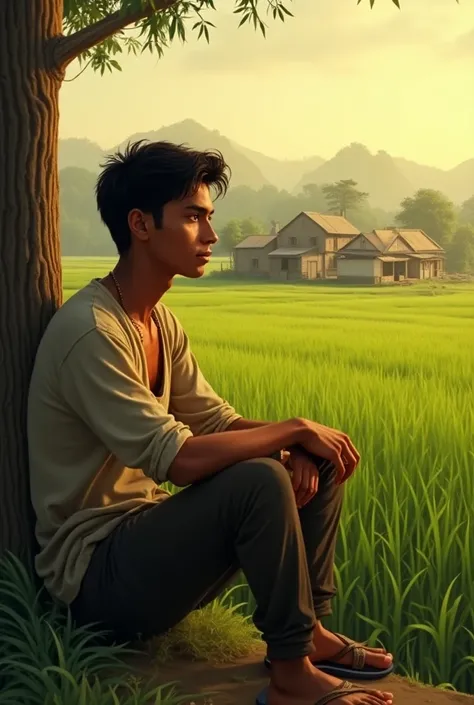 1. **এক গ্রামের এক যুবক নাম সোহেল।**  
   *Image of a rural village with a young man sitting by a field.*