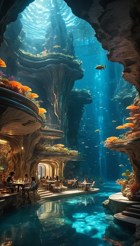 submerged city an underwater city, where buildings are made of bioluminescent coral and streets are formed by paths of seaweed t...